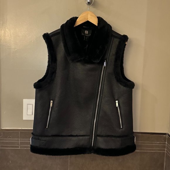House Of Harlow 1960 Moto Faux Fur + Faux Leather Vest (Black) - Picture 8 of 16